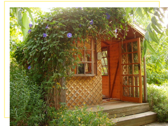 A wooden shed with flowers growing on it.