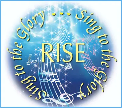 A blue circle with musical notes and the word rise.
